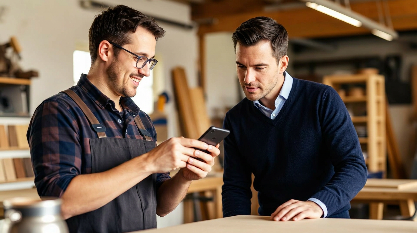 Tradesperson showing a gallery on their phone to a customer